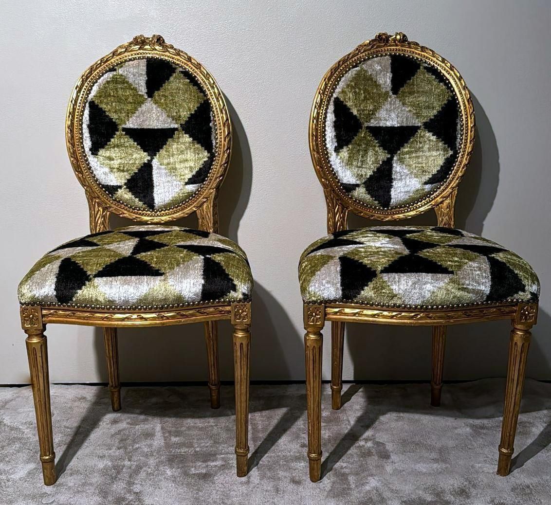 Pair Of Louis XVI Style Wooden Chairs Gold Leaf Finish And Ikat Silk Velvet photo vinterior