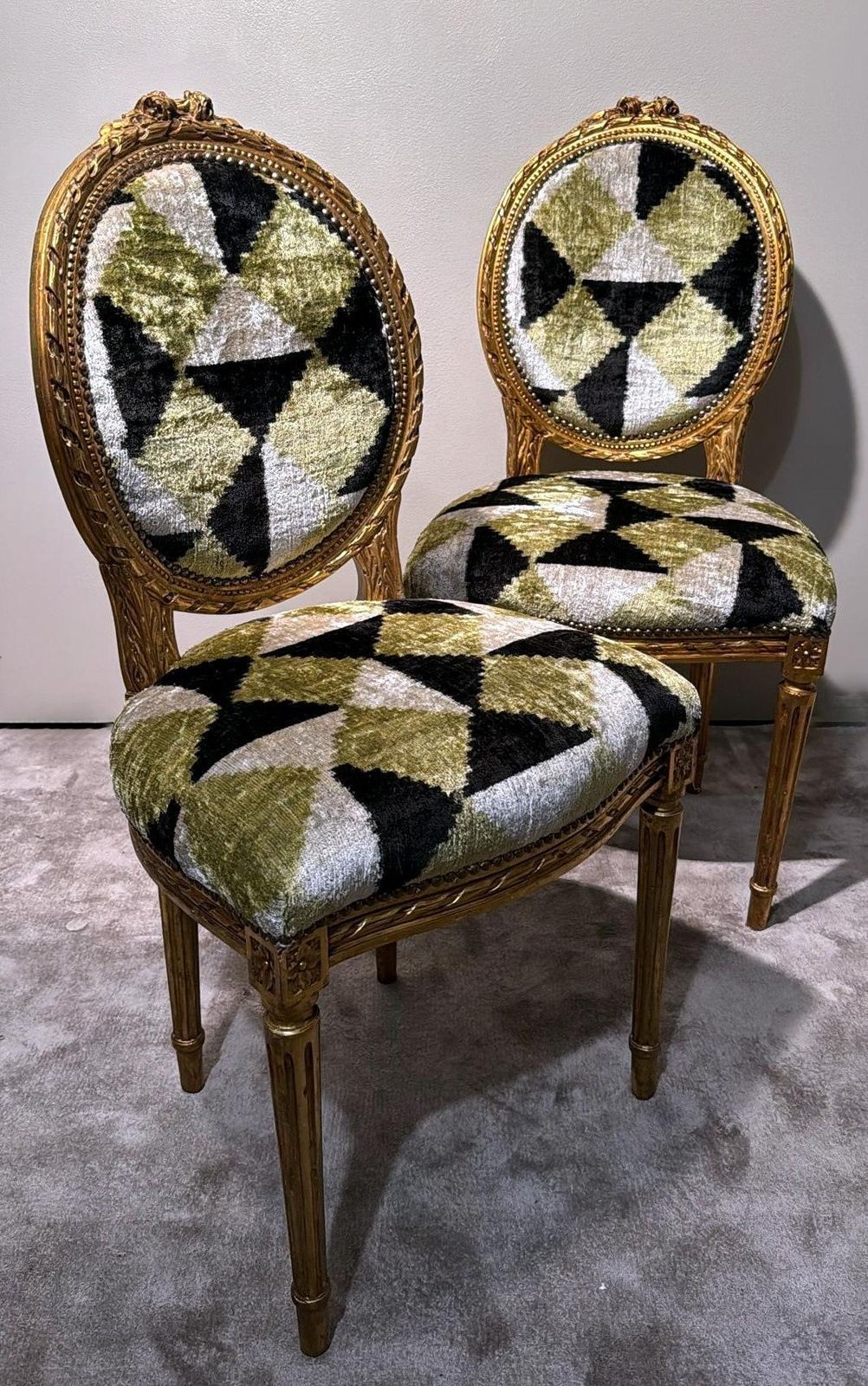 Pair Of Louis XVI Style Wooden Chairs Gold Leaf Finish And Ikat Silk Velvet photo buy