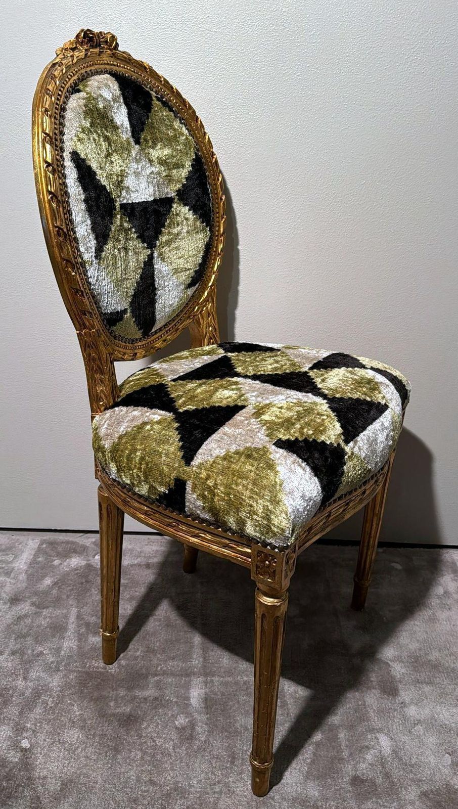photo furniture Pair Of Louis XVI Style Wooden Chairs Gold Leaf Finish And Ikat Silk Velvet