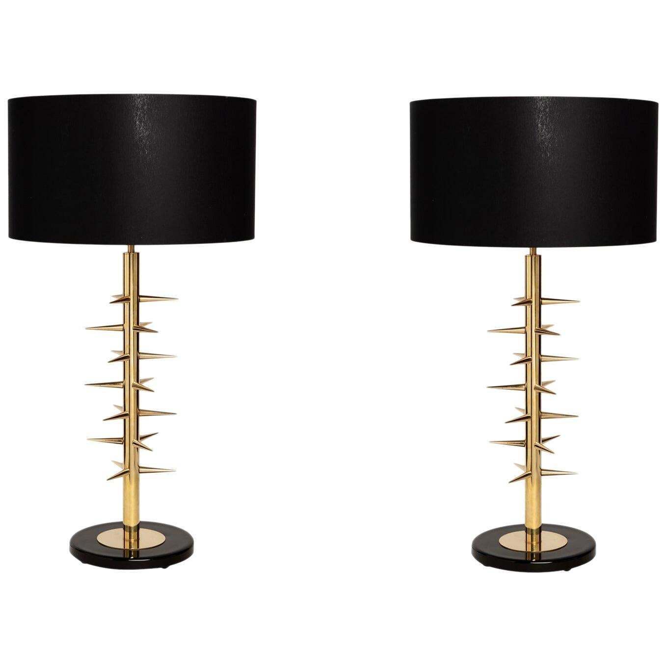 Mazda Style Pair Of Italian Table Lamps Gilded Brass And Murano Glass