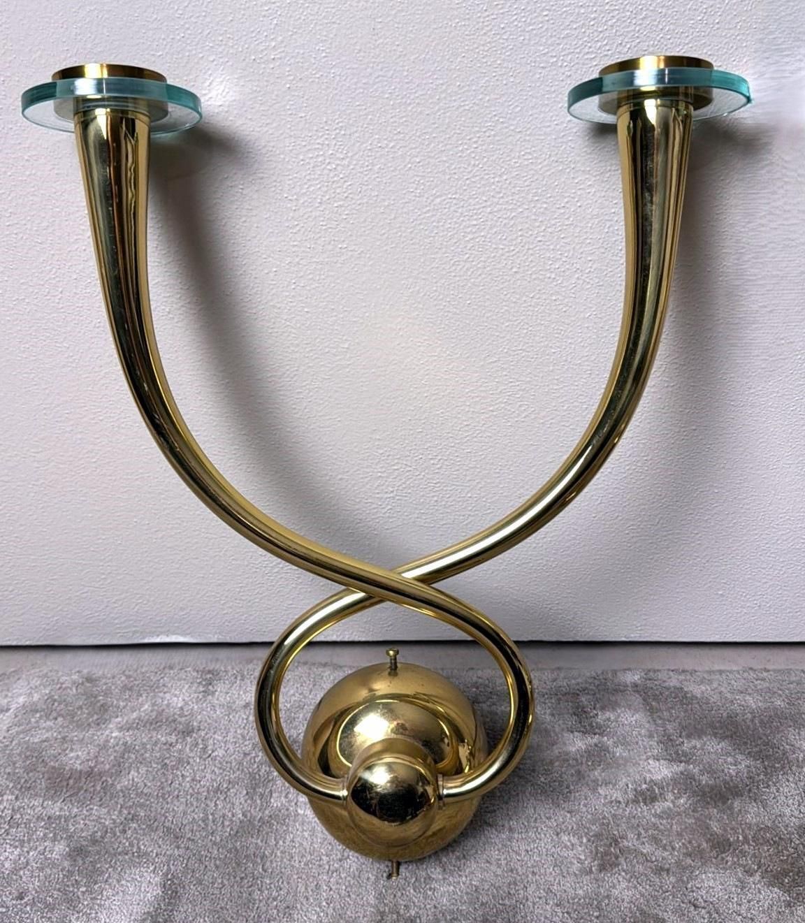 Gio’ Ponti   Emilio Gancia  Style Set Of 4 Brass Appliques With Crystal Bobeches photo vinterior