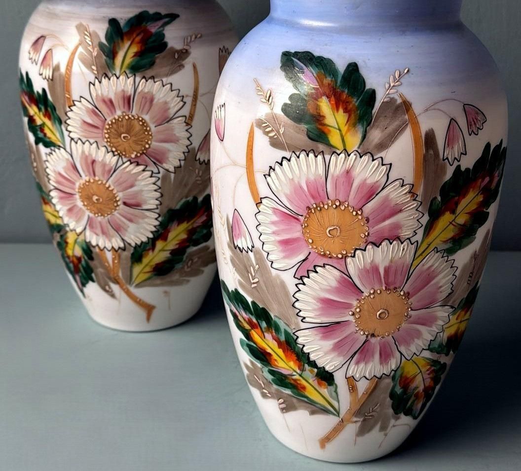 photo for sale Napoleon III Style Pair Of Hand Painted Opaline Glass Vases
