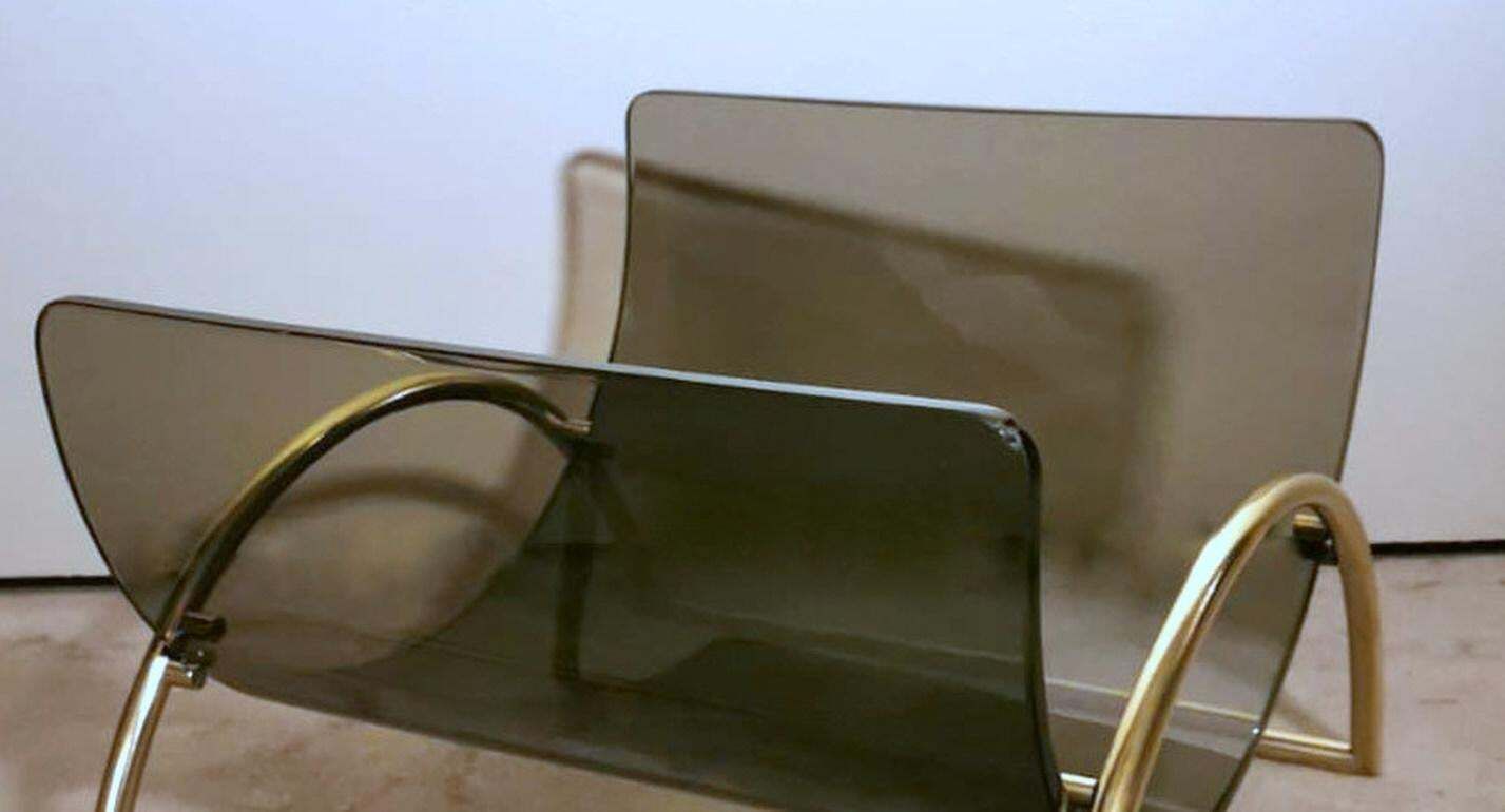 photo vintage Italian Gallotti & Radice Attributed Smoked Crystal And Brass Magazine Rack