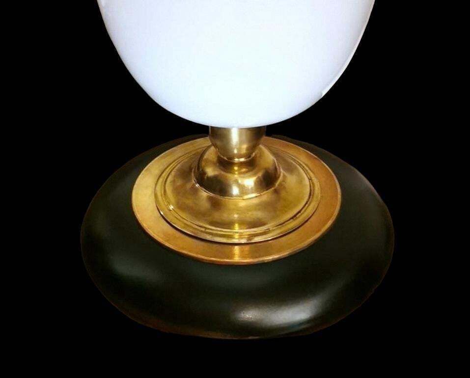 photo for sale Mazda Style Art Deco Table Lamp Made Of Opaline Glass, Brass And Wood