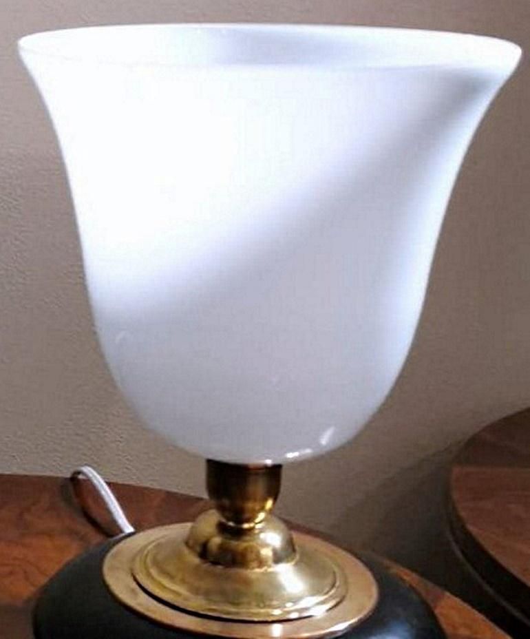photo vinterior Mazda Style Art Deco Table Lamp Made Of Opaline Glass, Brass And Wood