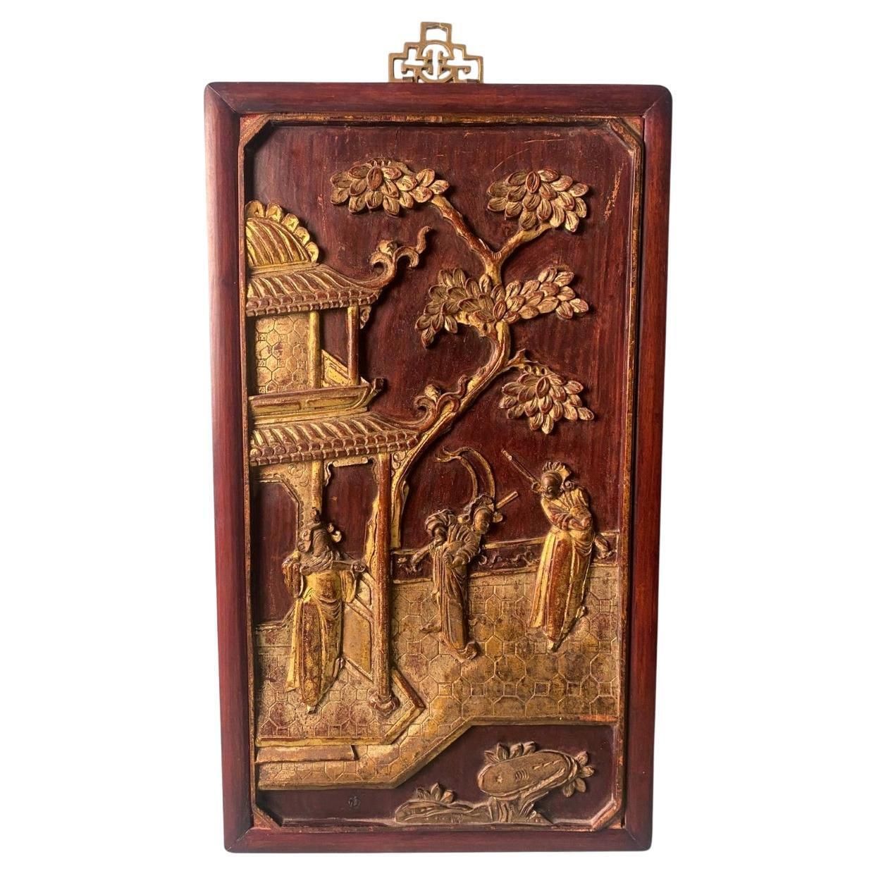 Qing Dynasty Exquisite Chinese Wooden Panel With Raised Figures Gold Leaf (N.2)