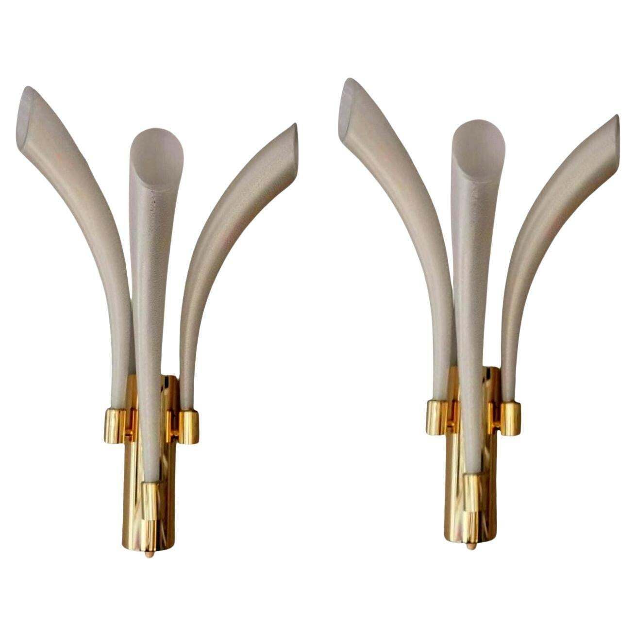 Barovier & Toso Pair  Sconces Mod. "Fireworks" Murano Glass Opaline With Gold