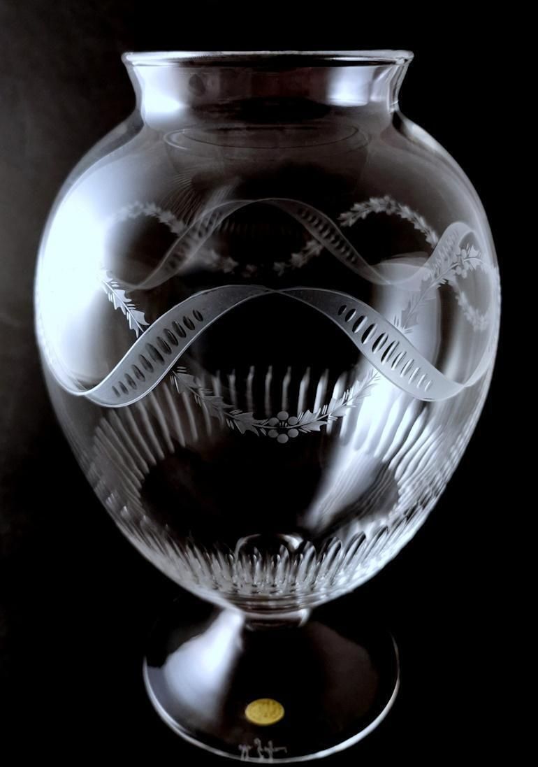 Neoclassical Style Italian Crystal Vase With Festoon Engravings photo buy