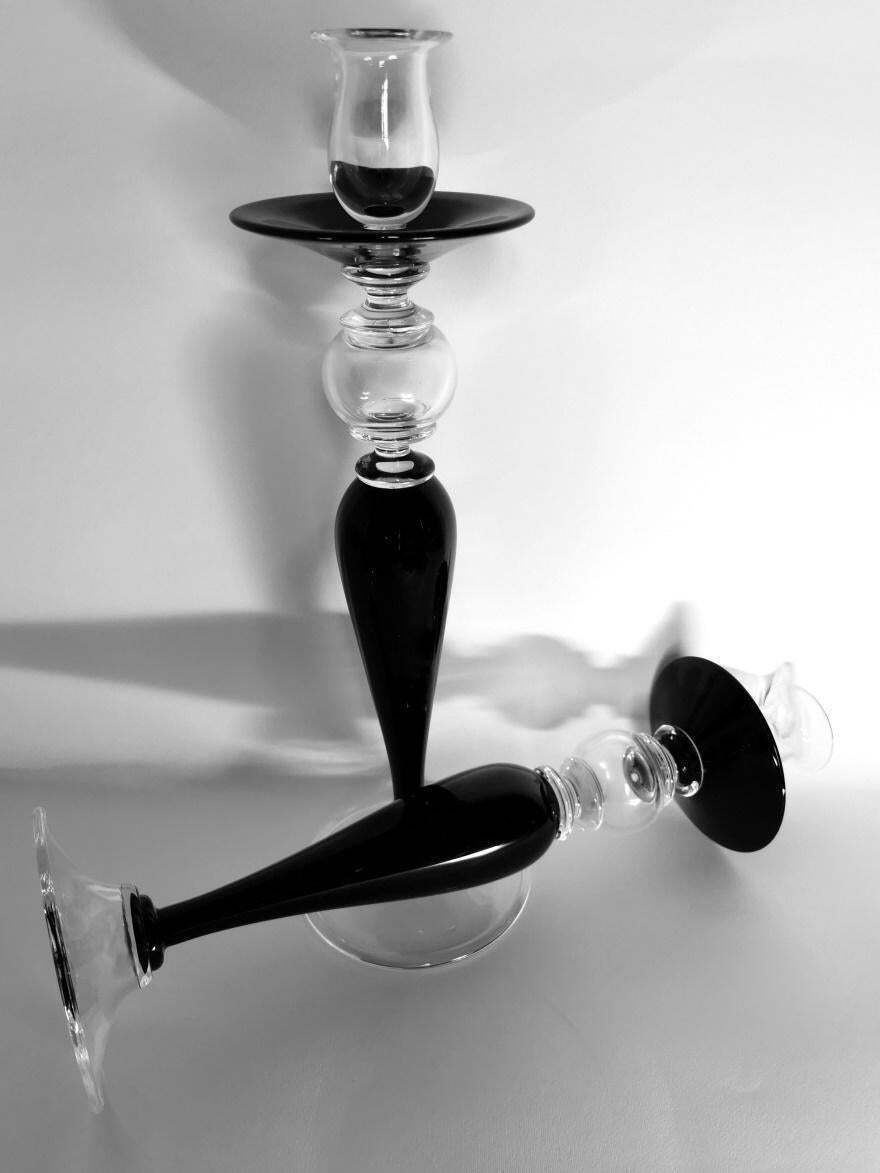 Art Deco Style Pair Of Black Crystal Italian Candlesticks photo vinterior