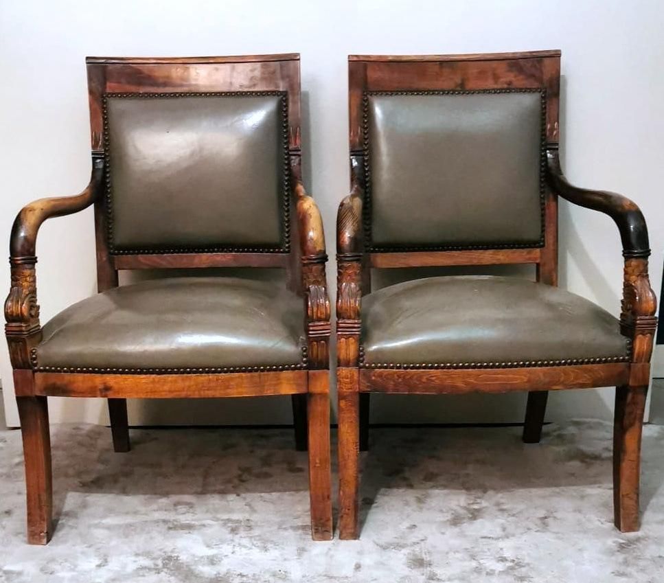 Charles X Style Pair Of French "Antique Master" Chairs In Wood And “Cuoio” photo for sale