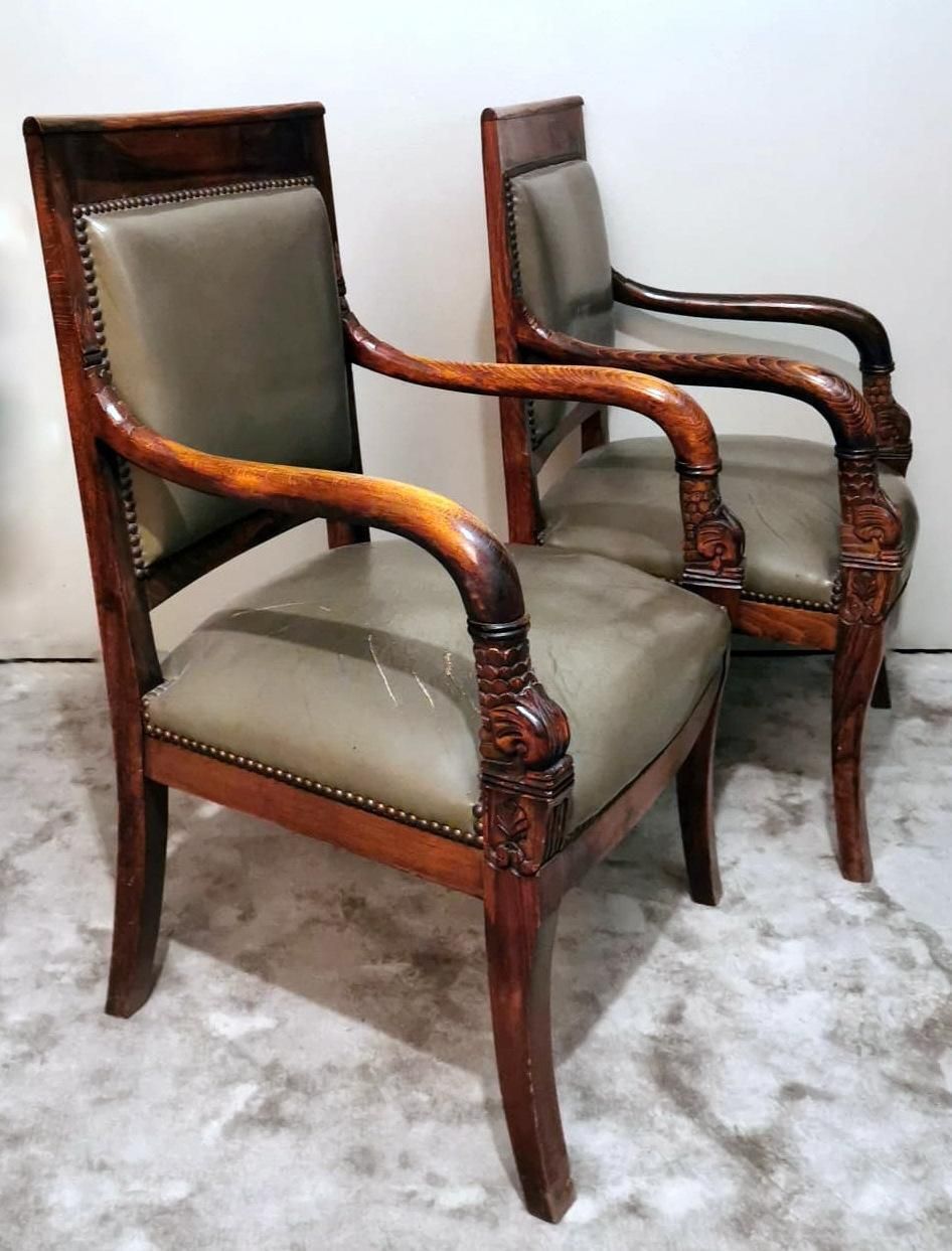 Charles X Style Pair Of French "Antique Master" Chairs In Wood And “Cuoio” photo Furniture