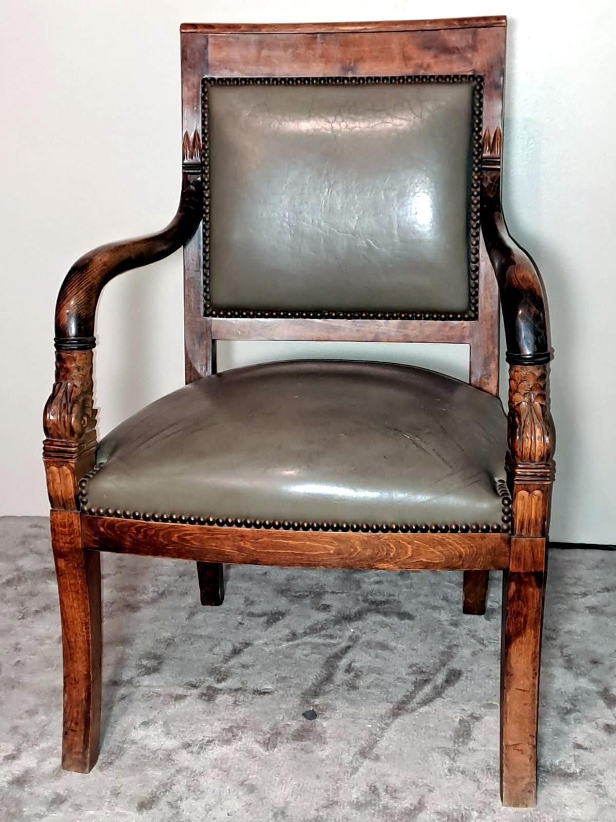 photo for sale Charles X Style Pair Of French "Antique Master" Chairs In Wood And “Cuoio”