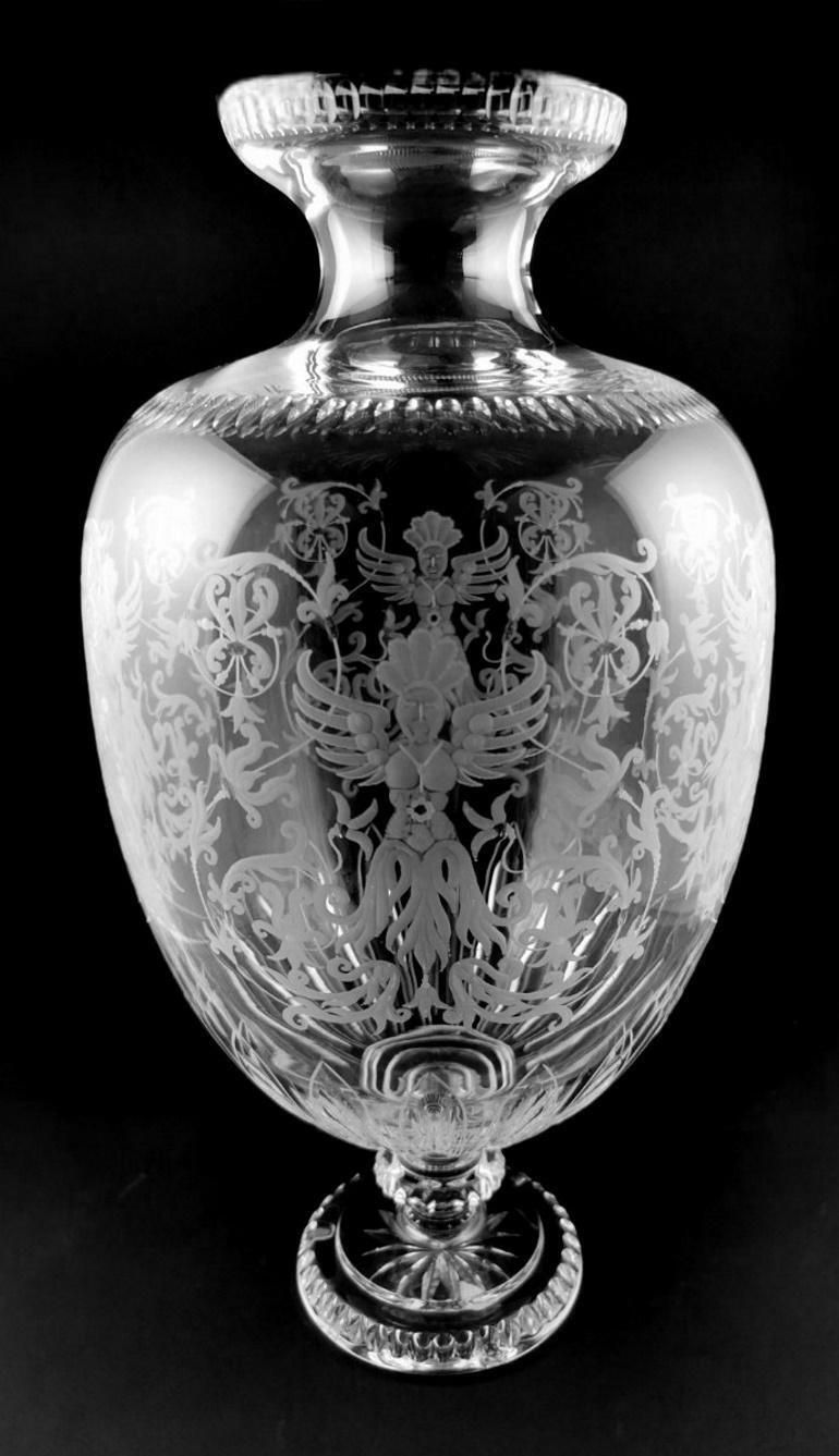 Baroque Style Large Italian Crystal Vase With Grotesque Engravings photo for sale