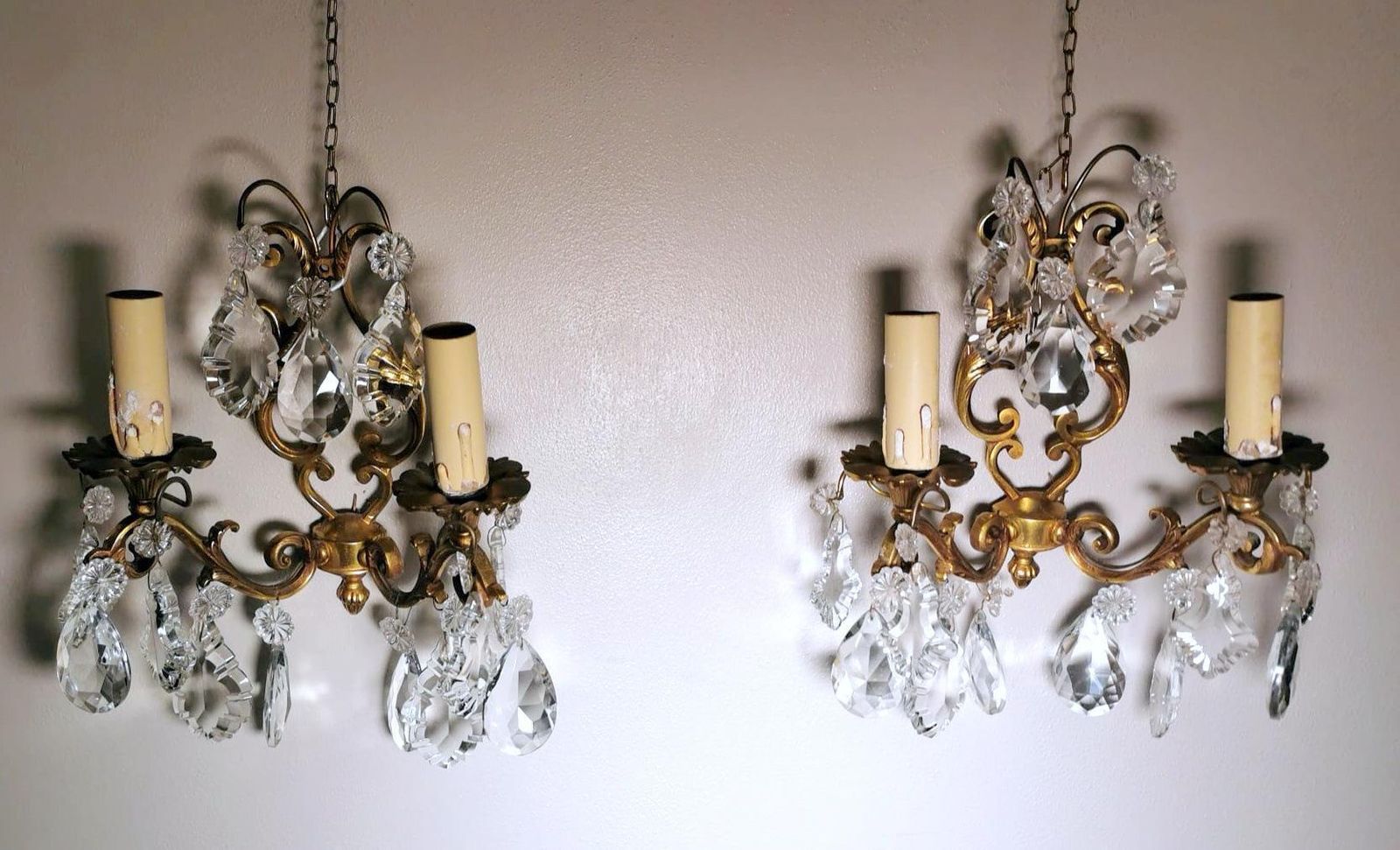 Louis XVI Style Pair Of French Wall Sconces In Brass And Crystals photo furniture