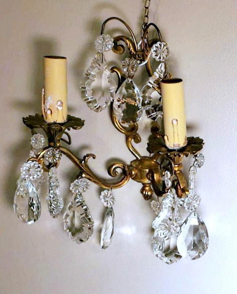 Louis XVI Style Pair Of French Wall Sconces In Brass And Crystals photo vintage