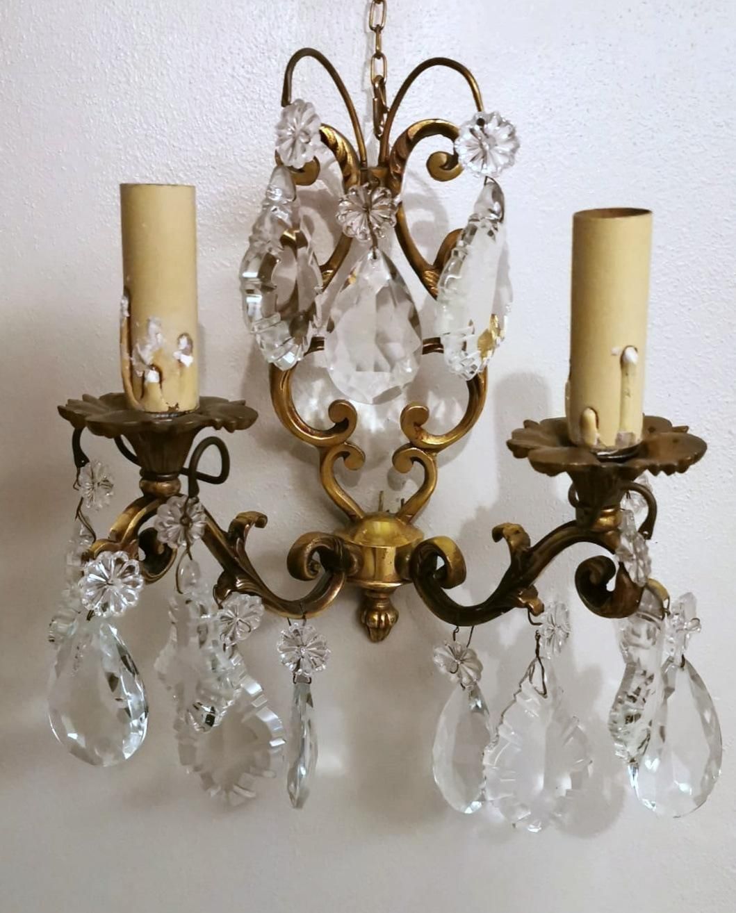 photo for sale Louis XVI Style Pair Of French Wall Sconces In Brass And Crystals