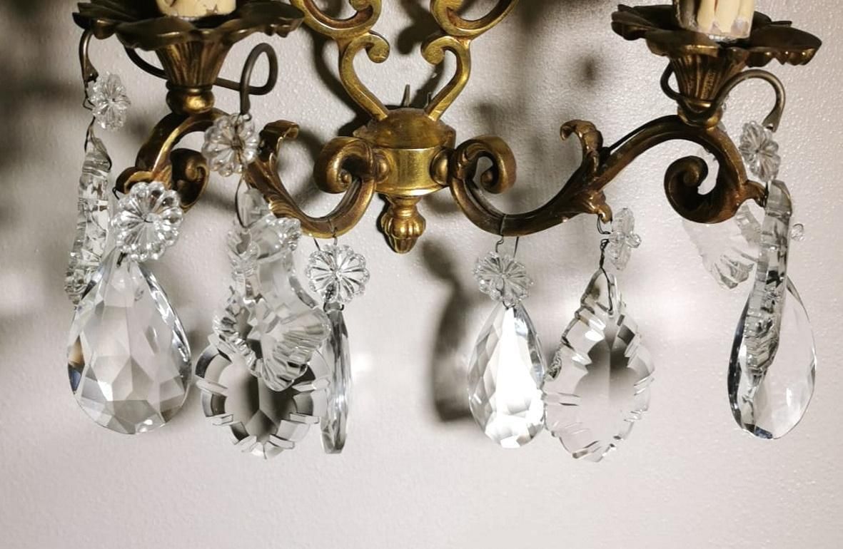 Lighting Louis XVI Style Pair Of French Wall Sconces In Brass And Crystals photo