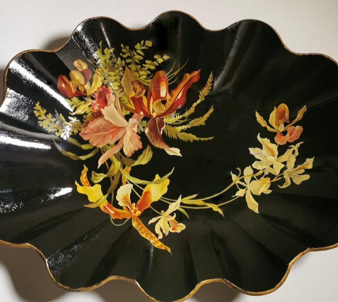 Napoleon III Chinoserie French Lobed Basket In Hand Decorated Papier Maché photo Home Decor