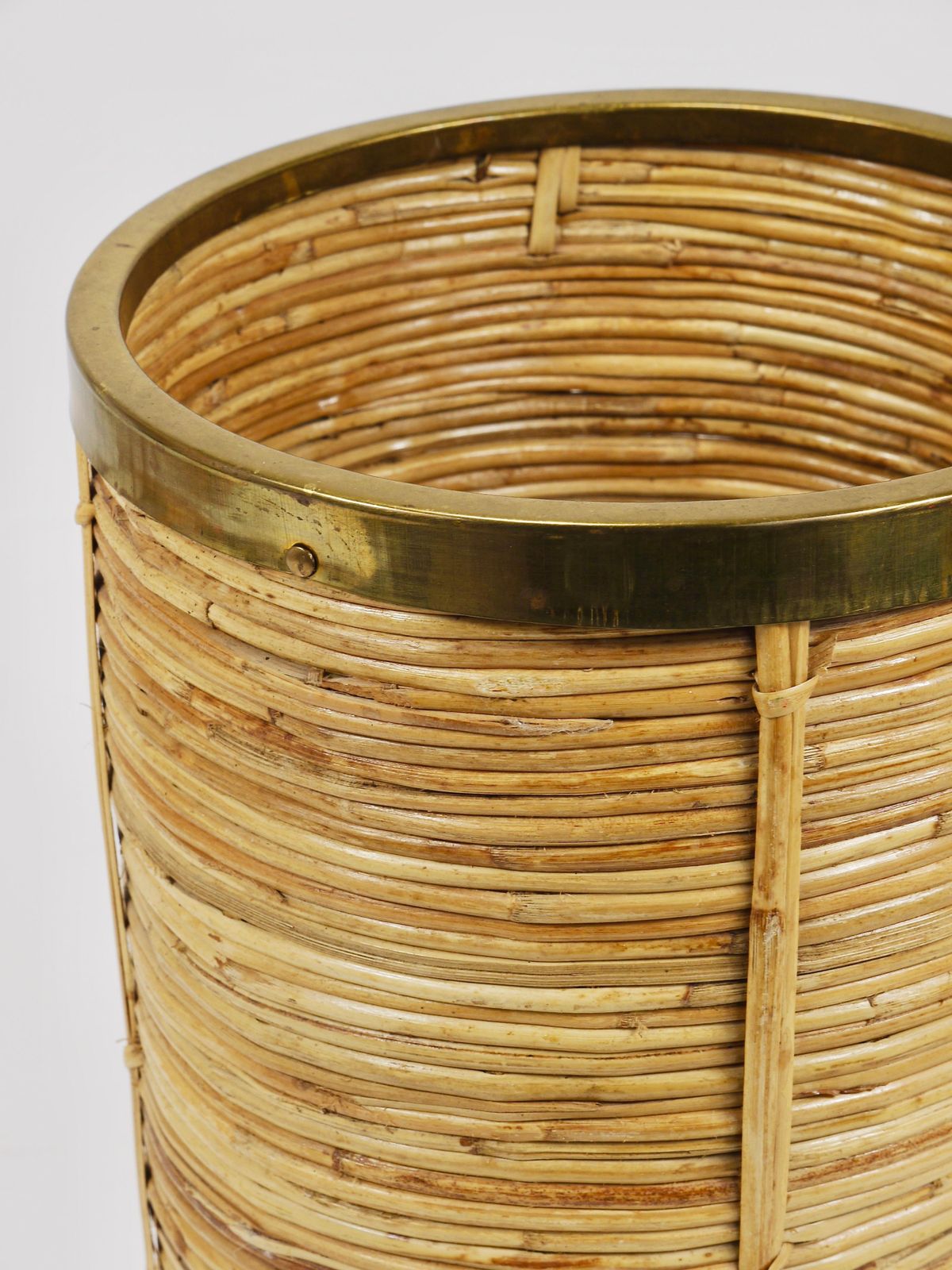 photo for sale Gabriella Crespi Style Bamboo & Brass Paper Basket Umbrella Stand, Italy, 1970s