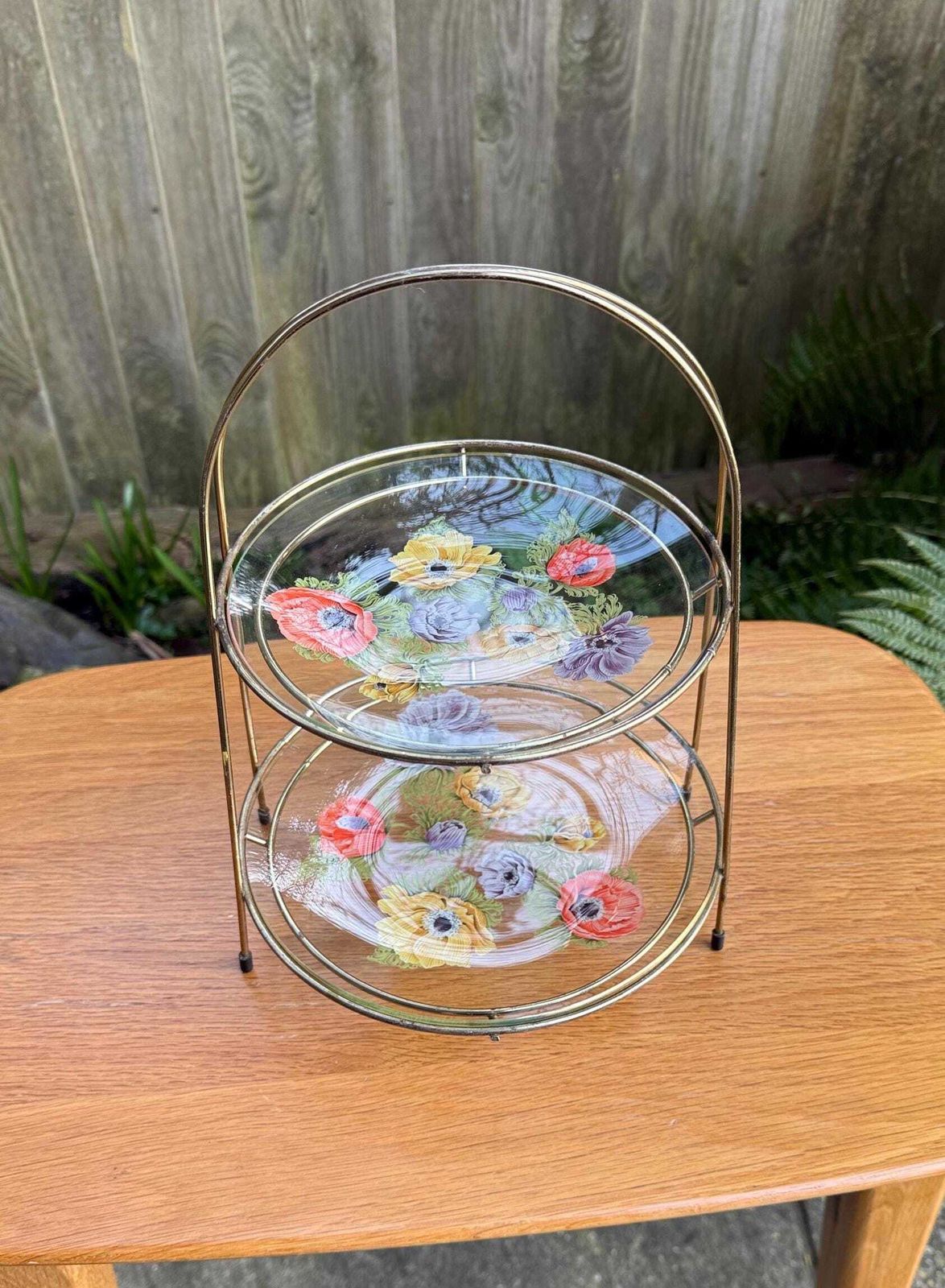 Tiered Vintage Retro Cake Plate Stand   Two Delicate Glass Painted Plates In Retro Metal Stand