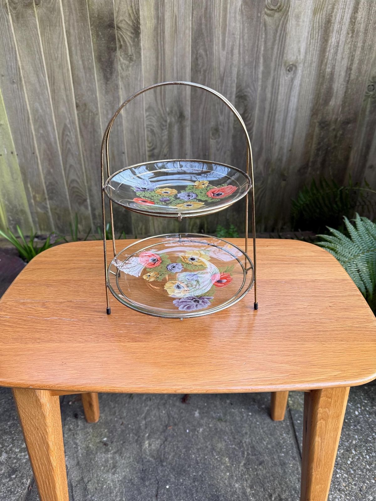 photo for sale Tiered Vintage Retro Cake Plate Stand   Two Delicate Glass Painted Plates In Retro Metal Stand