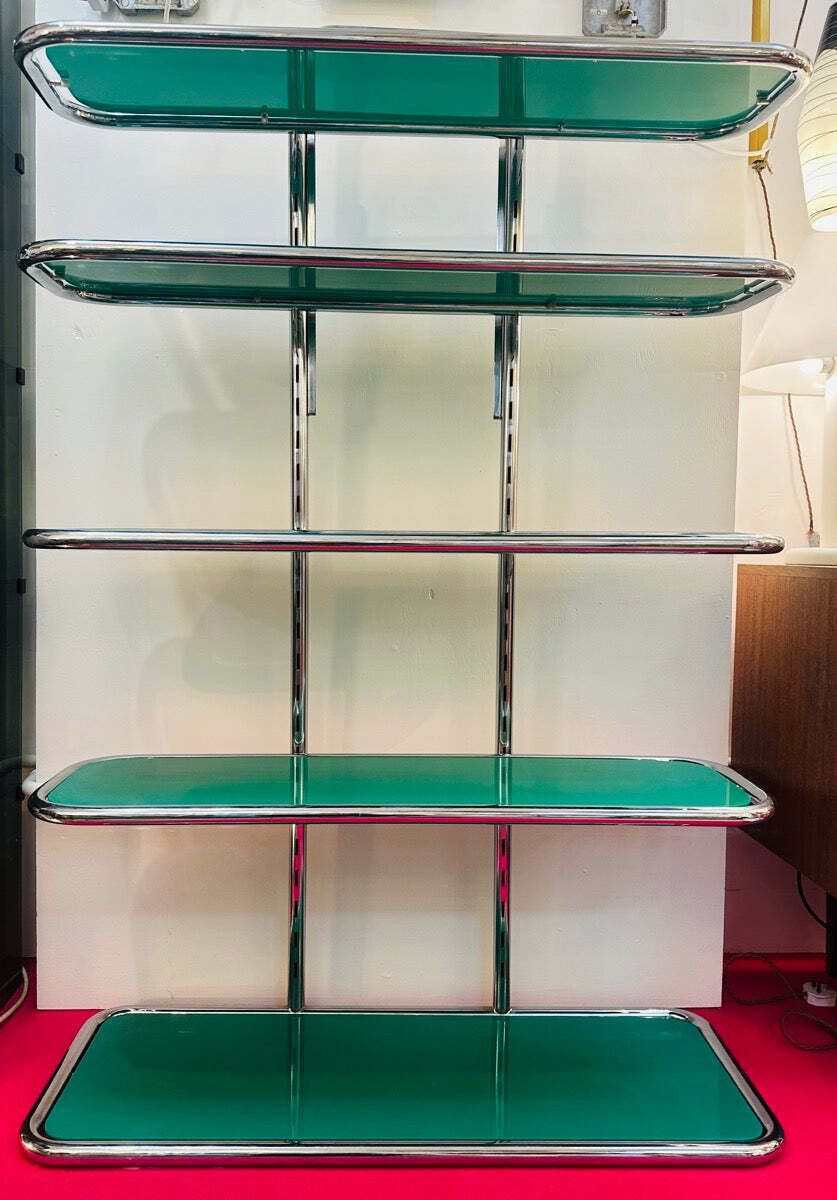 1970s Swiss Five Shelf Polished Tubular Polished Chrome & Green Perspex Shelving Unit Usm Haller Style photo Furniture