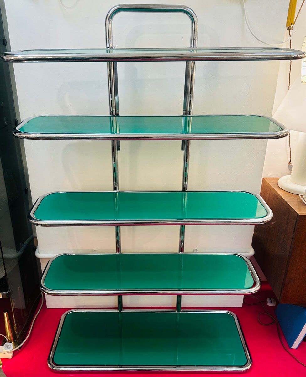 1970s Swiss Five Shelf Polished Tubular Polished Chrome & Green Perspex Shelving Unit Usm Haller Style photo vinterior