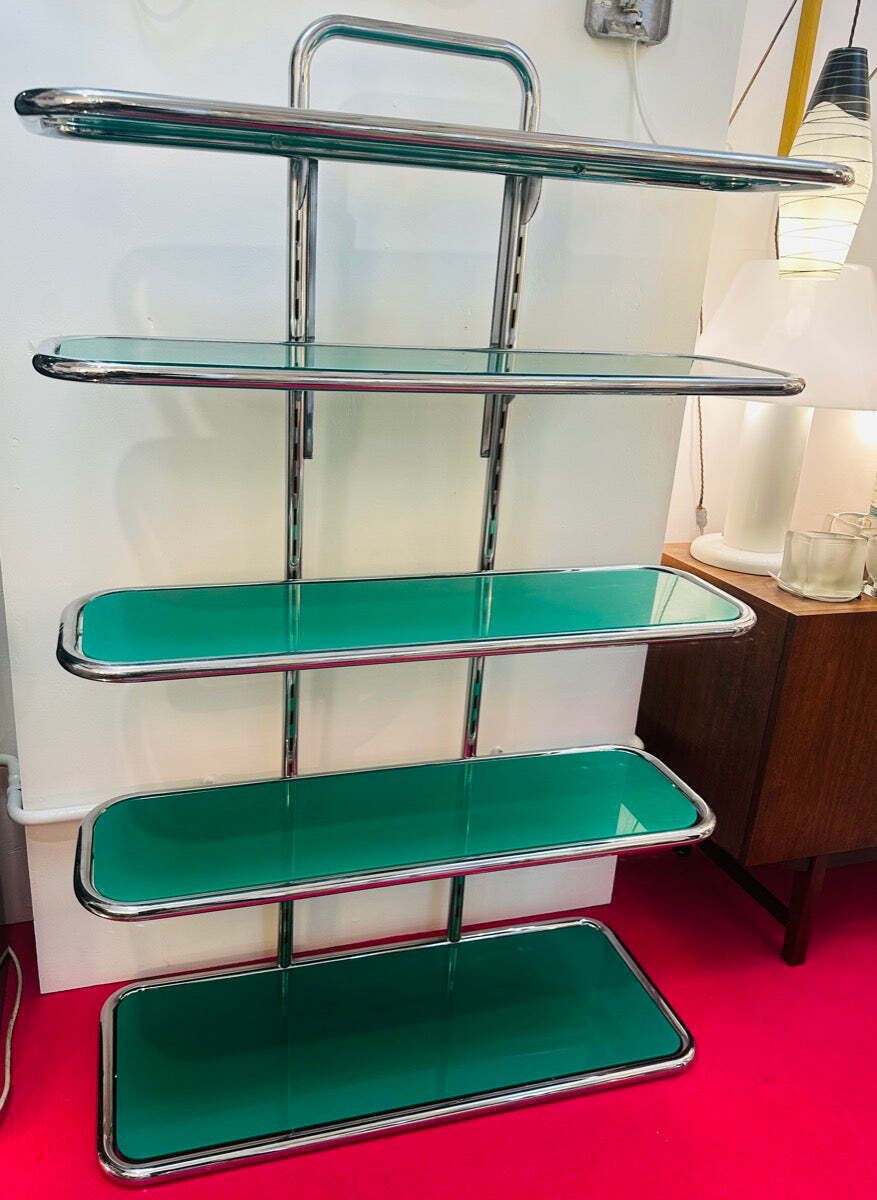 photo for sale 1970s Swiss Five Shelf Polished Tubular Polished Chrome & Green Perspex Shelving Unit Usm Haller Style