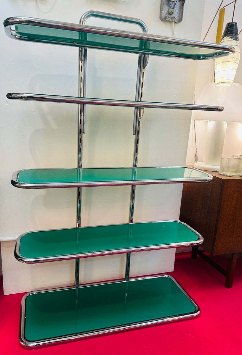 Furniture 1970s Swiss Five Shelf Polished Tubular Polished Chrome & Green Perspex Shelving Unit Usm Haller Style photo