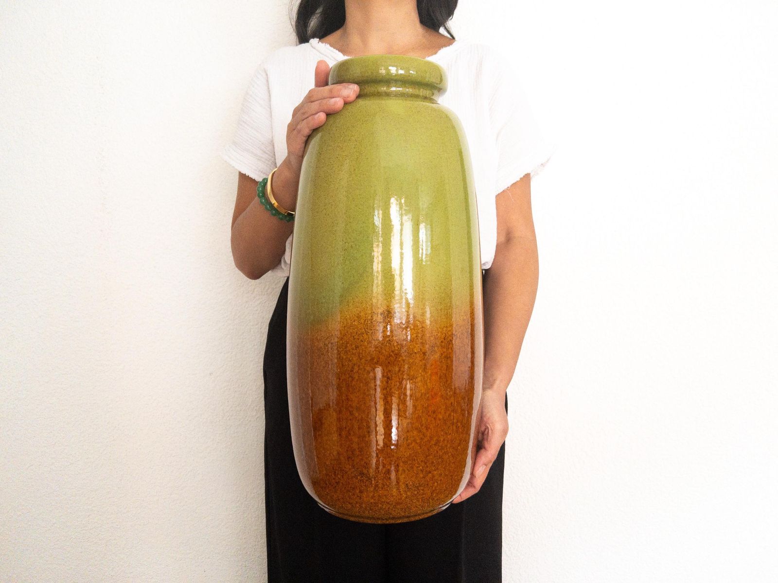 Xl West German Pottery Floor Vase By Scheurich   Green And Beige Earthy Vase   Scheurich 284 47