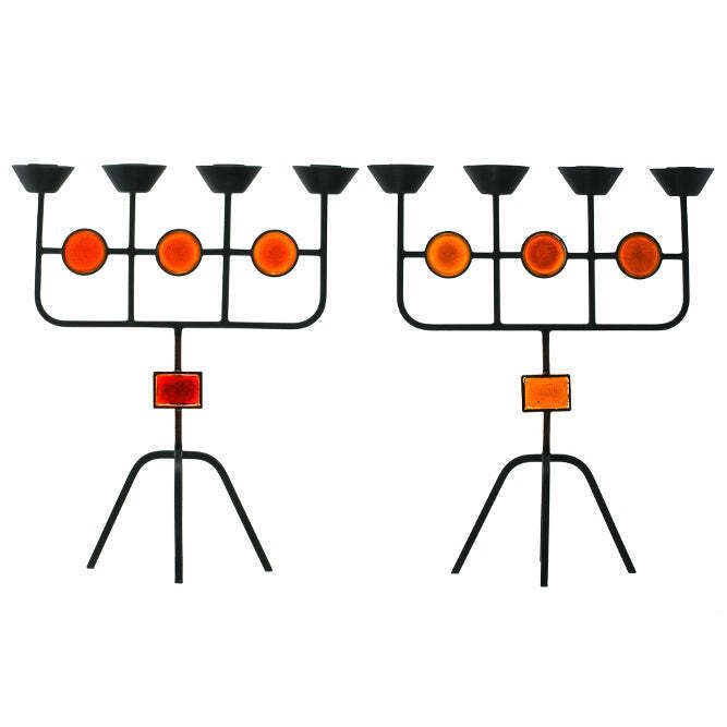 Gunnar Ander Pair Of Red Glass And Wrought Iron Candelabra