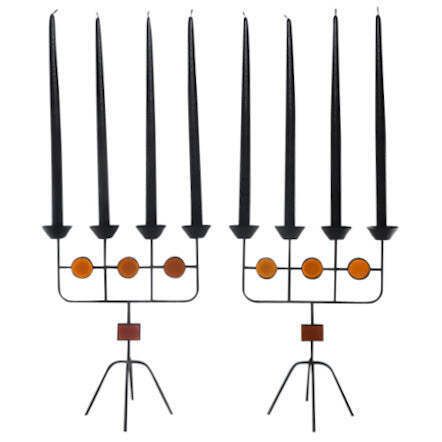 Gunnar Ander Pair Of Red Glass And Wrought Iron Candelabra photo for sale
