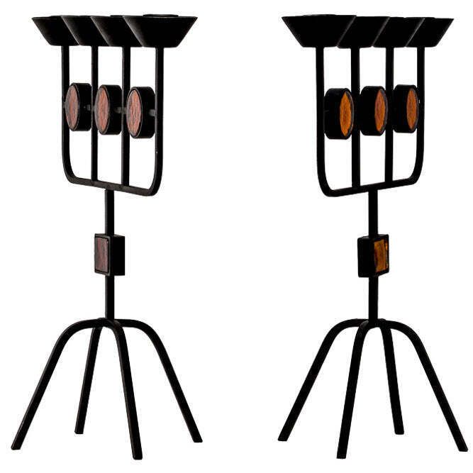 Gunnar Ander Pair Of Red Glass And Wrought Iron Candelabra photo 507.0