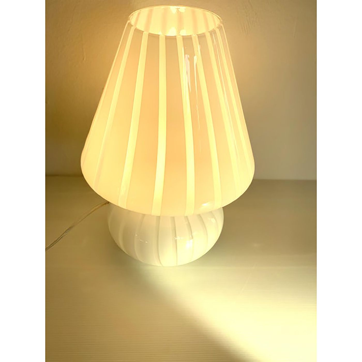 Mid Century Modern Striped Milky White "Fungo" Murano Glass Style Table Lamp photo for sale