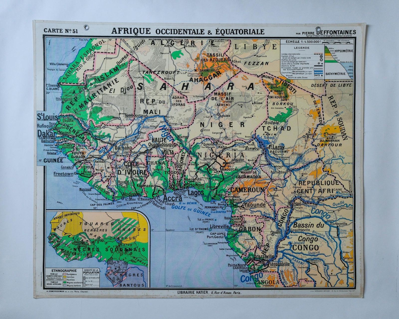 Original 1950s Large Vintage Mid Century Double Sided French Educational School Wall Chart Africa Continent Map Rare Vidal Lablache