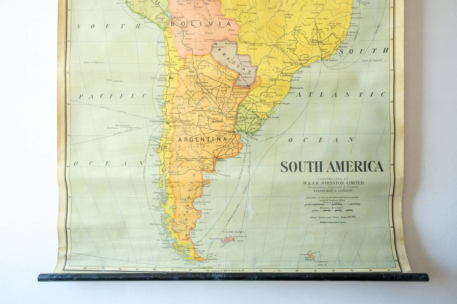 Original Large British Educational School Wall Chart South America Continent Map W & A.K. Johnston Beautiful Rare photo for sale