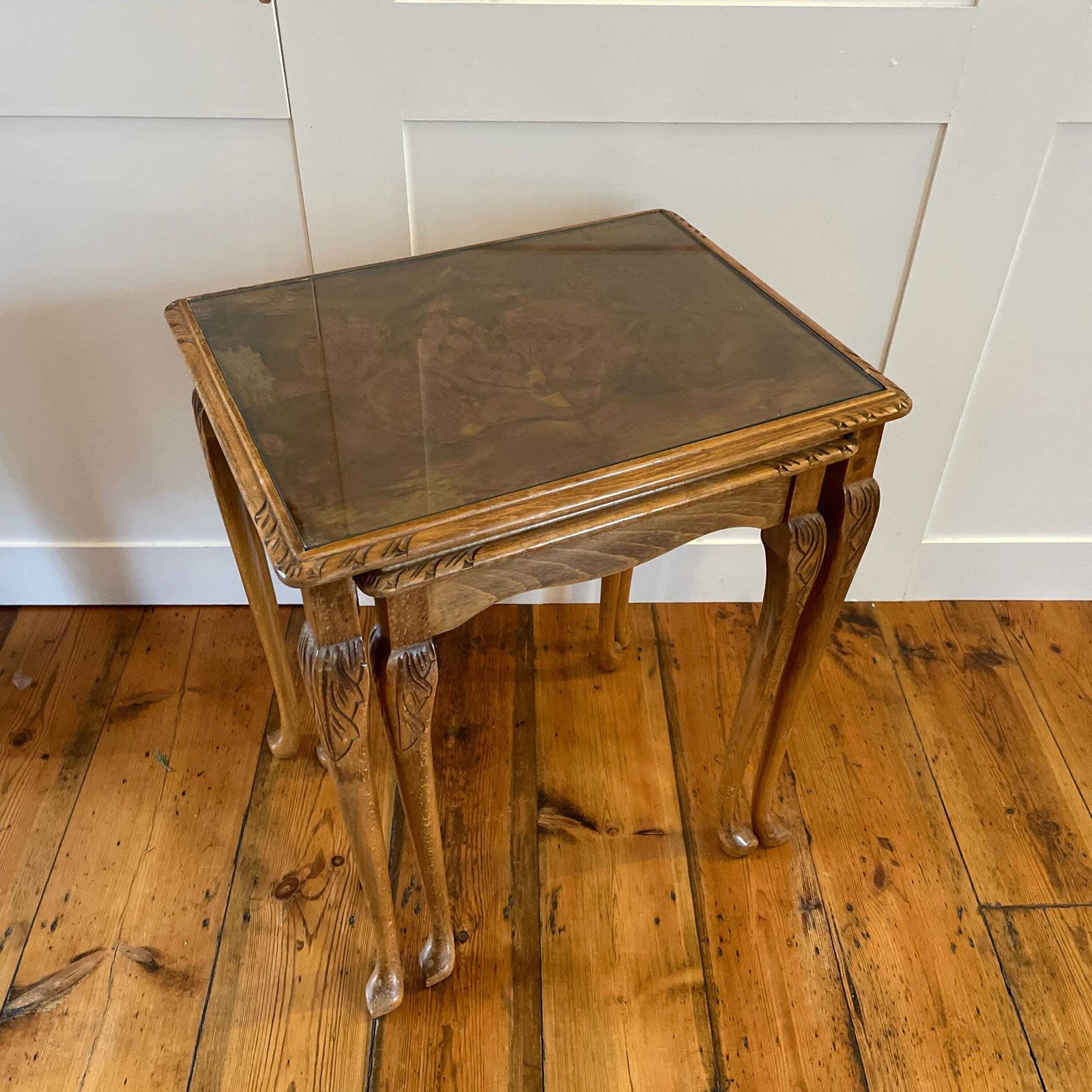 2 Vintage Antique Wooden Rectangle Nest Coffee Table Tables Handmade Wood Brown Rustic Farmhouse Cottage 2 Tiers Glass Top Carved photo Furniture