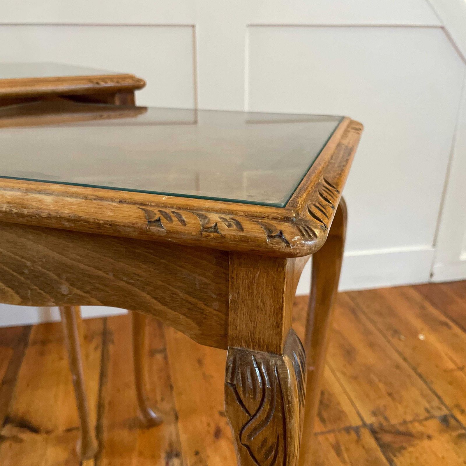 2 Vintage Antique Wooden Rectangle Nest Coffee Table Tables Handmade Wood Brown Rustic Farmhouse Cottage 2 Tiers Glass Top Carved photo vinterior