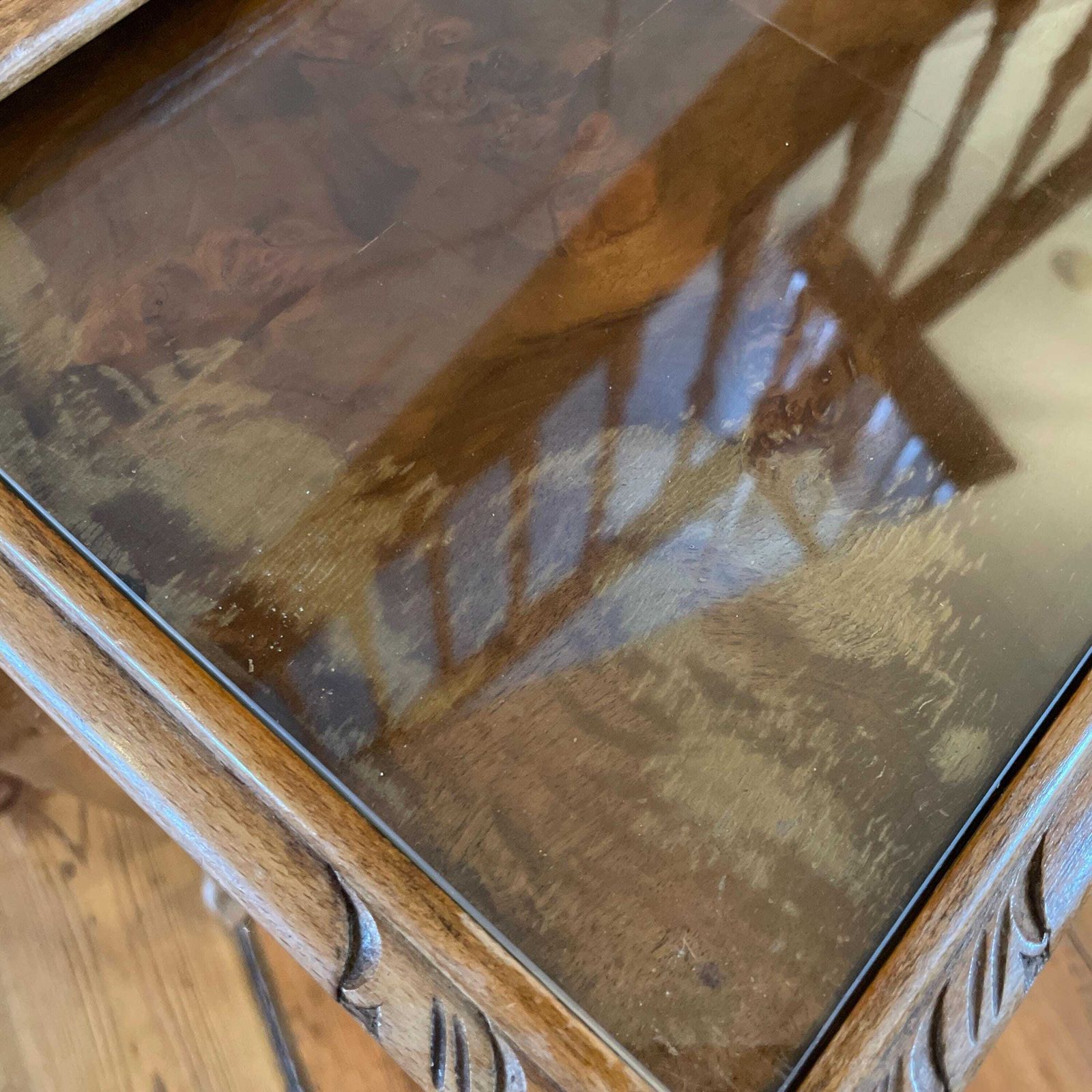photo furniture 2 Vintage Antique Wooden Rectangle Nest Coffee Table Tables Handmade Wood Brown Rustic Farmhouse Cottage 2 Tiers Glass Top Carved