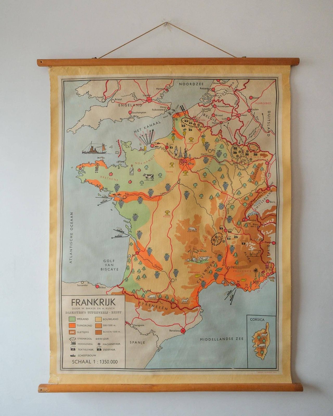Original Vintage Mid Century Dutch Educational School Wall Chart France Map Geography
