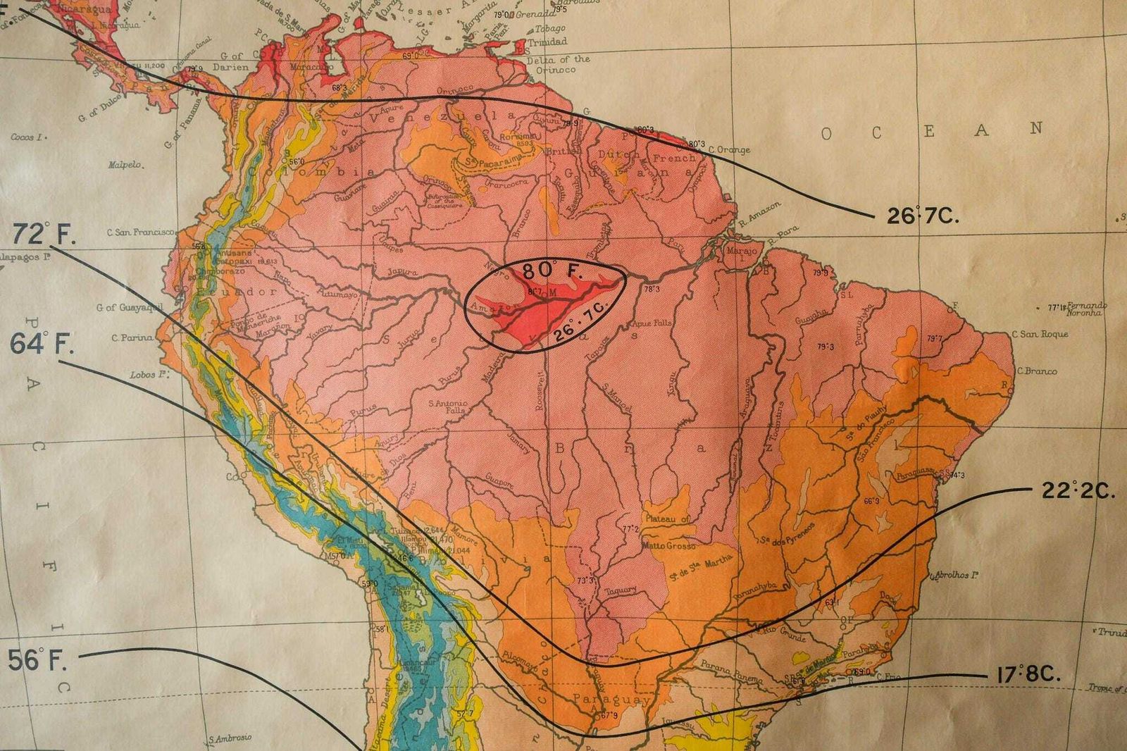 Original 1950s Vintage British Educational School Wall Chart Map South America July Temperatures Beautiful George Philip & Son photo for sale