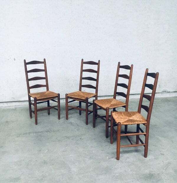 Furniture Rustic Handcrafted Oak & Rush High Back Dining Chairs, 1940's Belgium photo