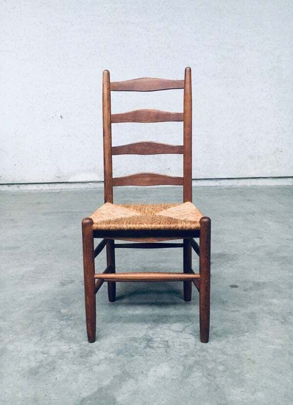 photo buy Rustic Handcrafted Oak & Rush High Back Dining Chairs, 1940's Belgium