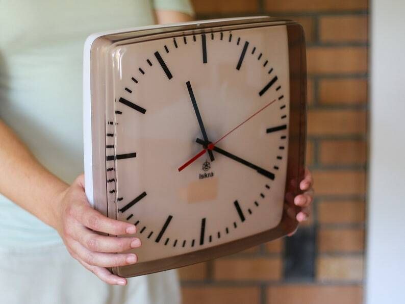 Smoky Pink Space Age Iskra Wall Clock Made In Yugoslavia / Mid Century Wall Clock / Retro School Clock Iskra / Capsule Clock / 80s Clock photo for sale
