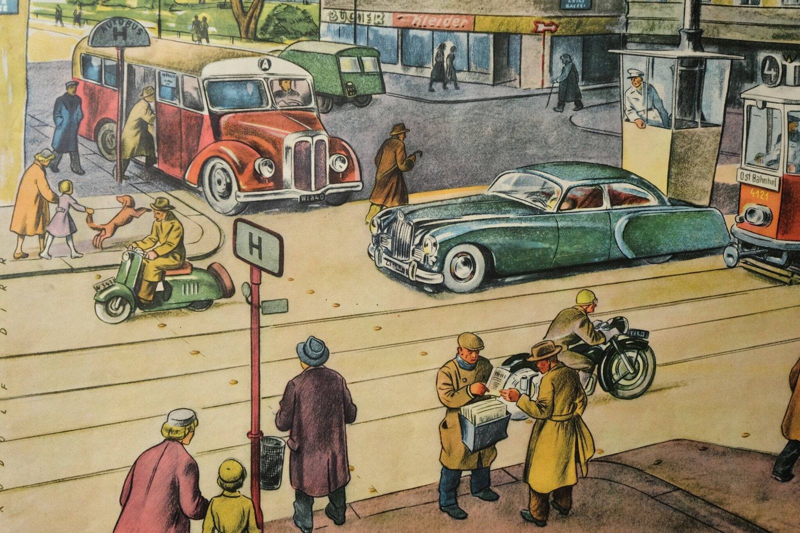 Original Vintage Mid Century German Educational School Everyday Scene Town Tram Rudolf Dirr Artist Decoration Interiors photo for sale
