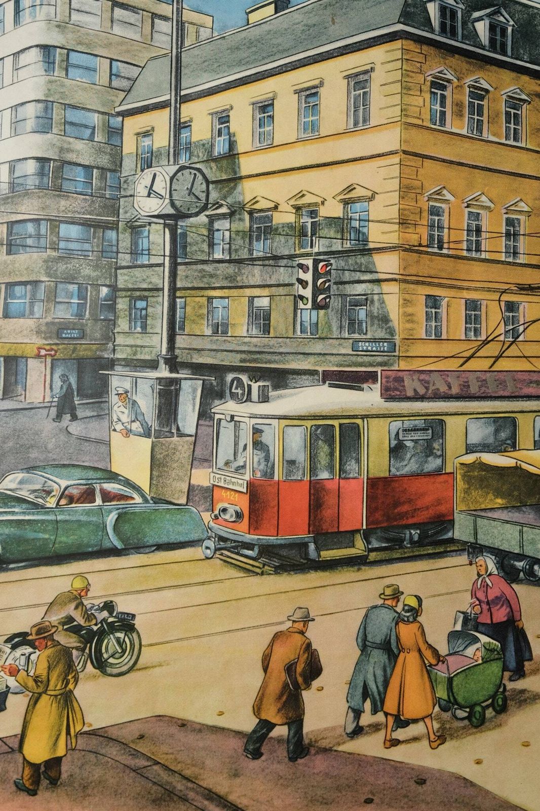 Original Vintage Mid Century German Educational School Everyday Scene Town Tram Rudolf Dirr Artist Decoration Interiors photo Art