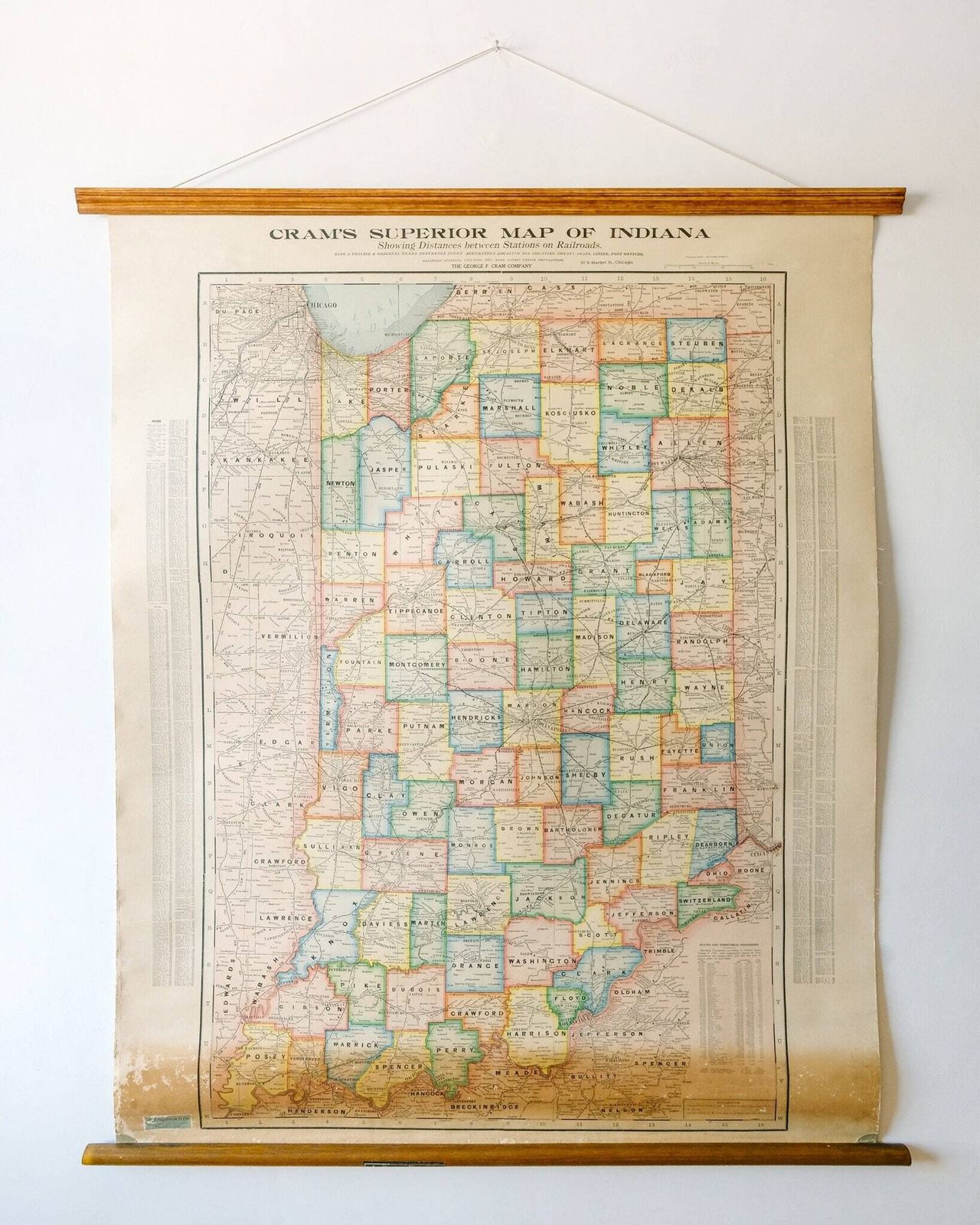 Original Large British Educational School Wall Chart Indiana State Map W & A.K. Johnston Nystrom Beautiful Rare