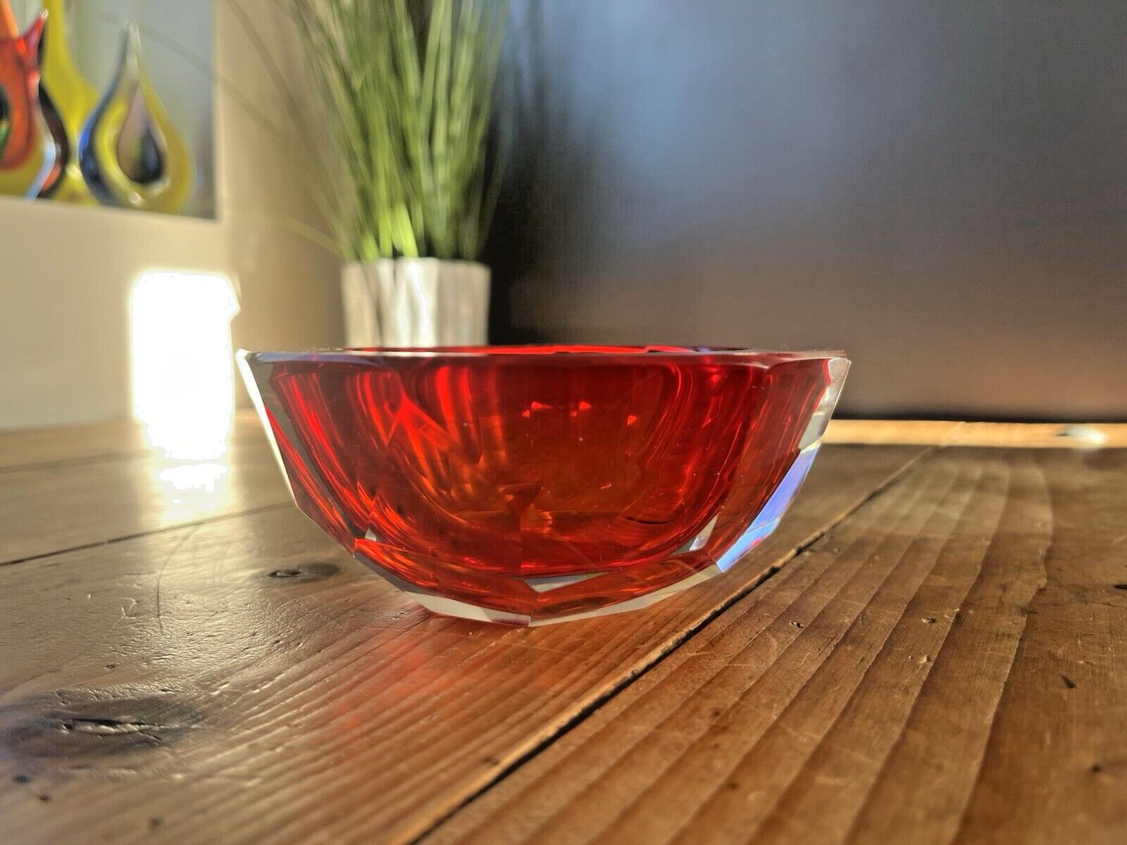 Mid Century Murano Sommerso 12 Sided Faceted Glass Ashtray Geode Bowl Vintage photo vintage