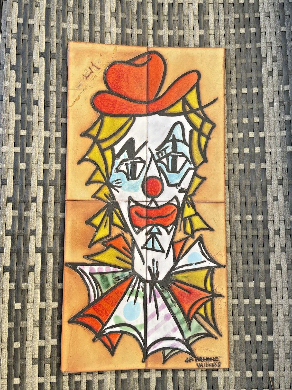 Set Of 4 Mid Century French Vallauris Jp Arnone Clown Picture Tiles Wall Art 60s photo furniture
