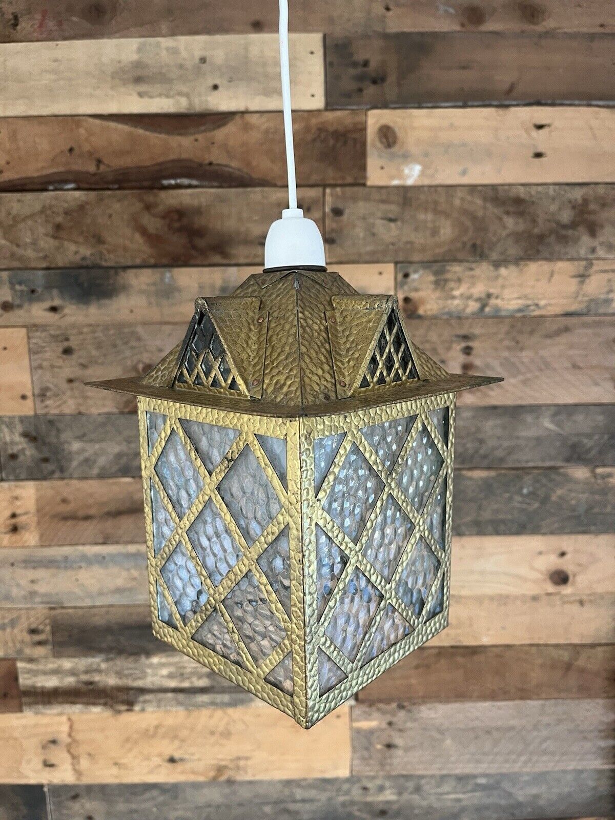 photo buy 1 Antique Arts & Crafts Textured Brass & Glass Pendant Lantern Porch Lamp Light